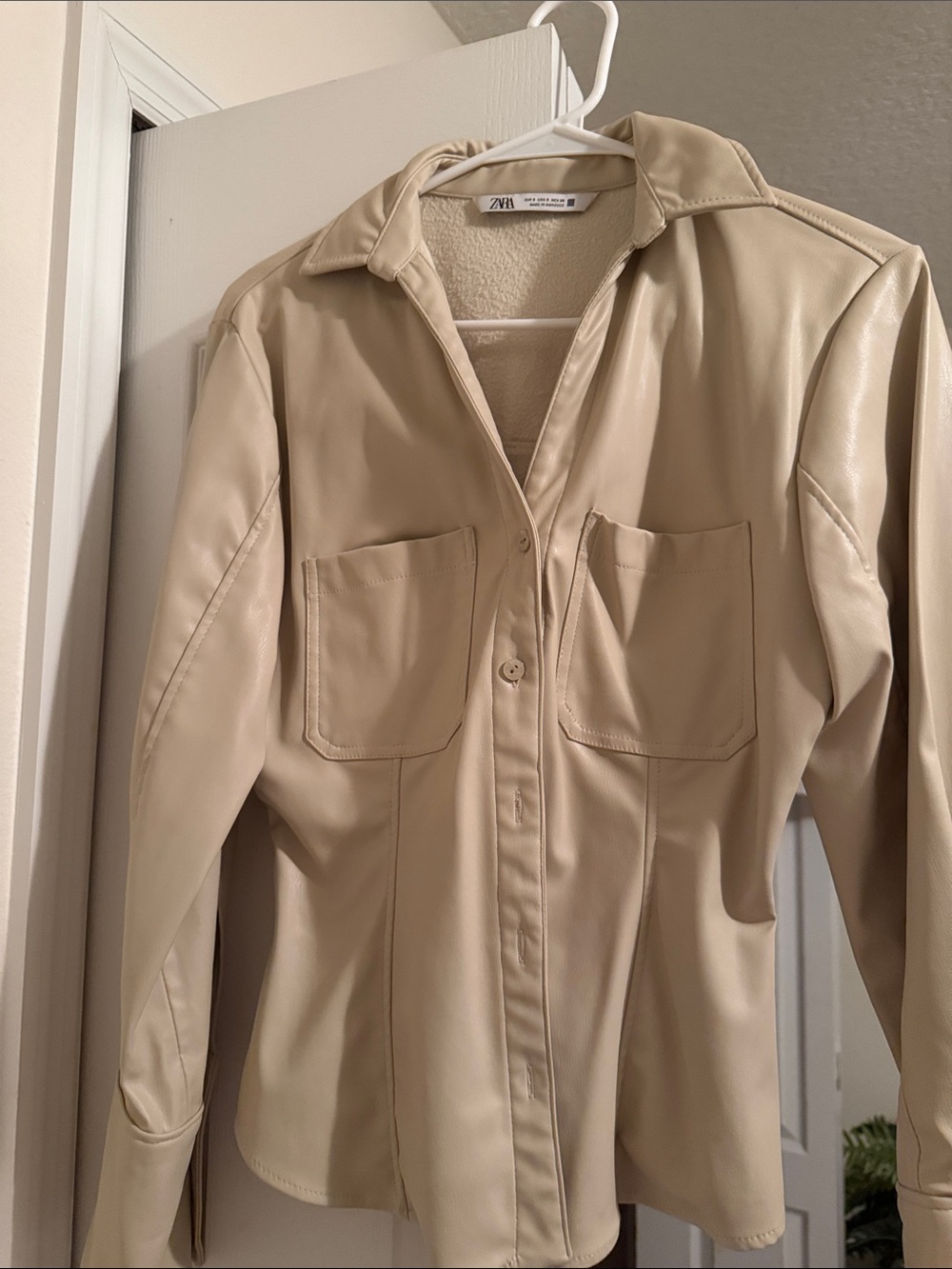 Zara Light Beige Faux-Leather Shirt Jacket